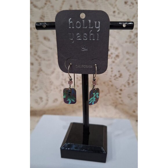 NEW Holly Yashi Rectangular Green/Gold Niobium Botanical Leaf Motif Earrings - Picture 1 of 6